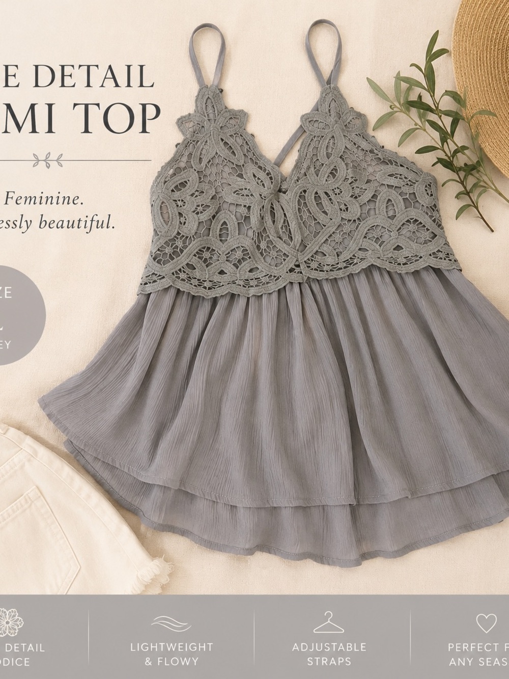 Lace-Trim Grey Spaghetti Strap Women's Top